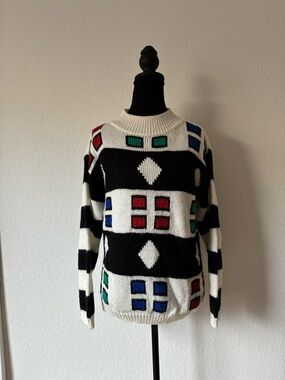 Vintage 80s/90s Black and White Geometric Pattern Sweater